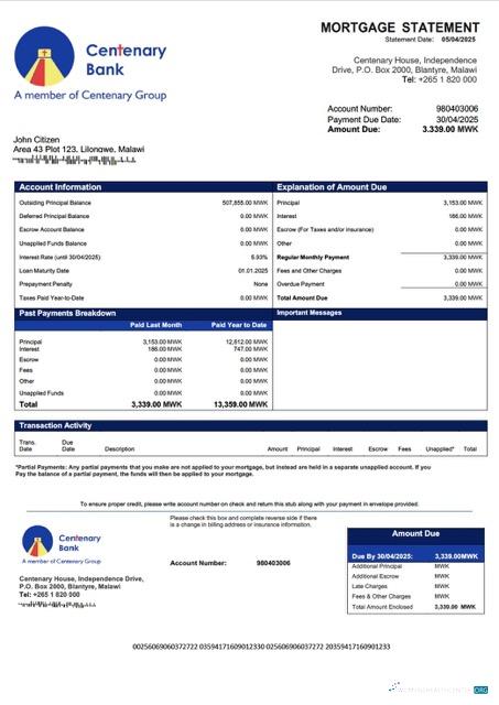 Download Malawi Centenary Bank Malawi mortgage statement Word and PDF template Photoshop template